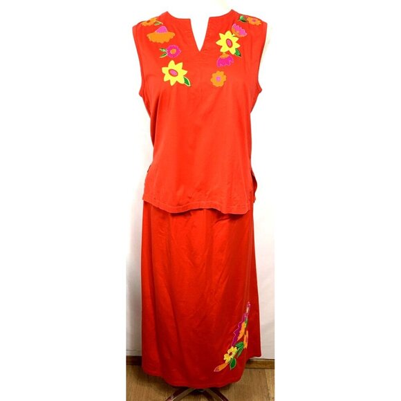 Michael Simon 2 Piece Skirt Set Sz L Red Tank Top Maxi Skirt Applique Flowers - Picture 1 of 7
